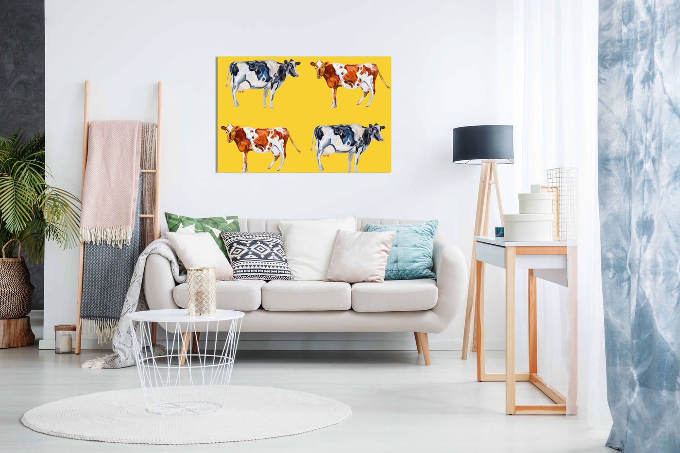 Cow Art On Yellow, Pictures for Home Walls, Bedroom, Living Room & Bathroom Decor