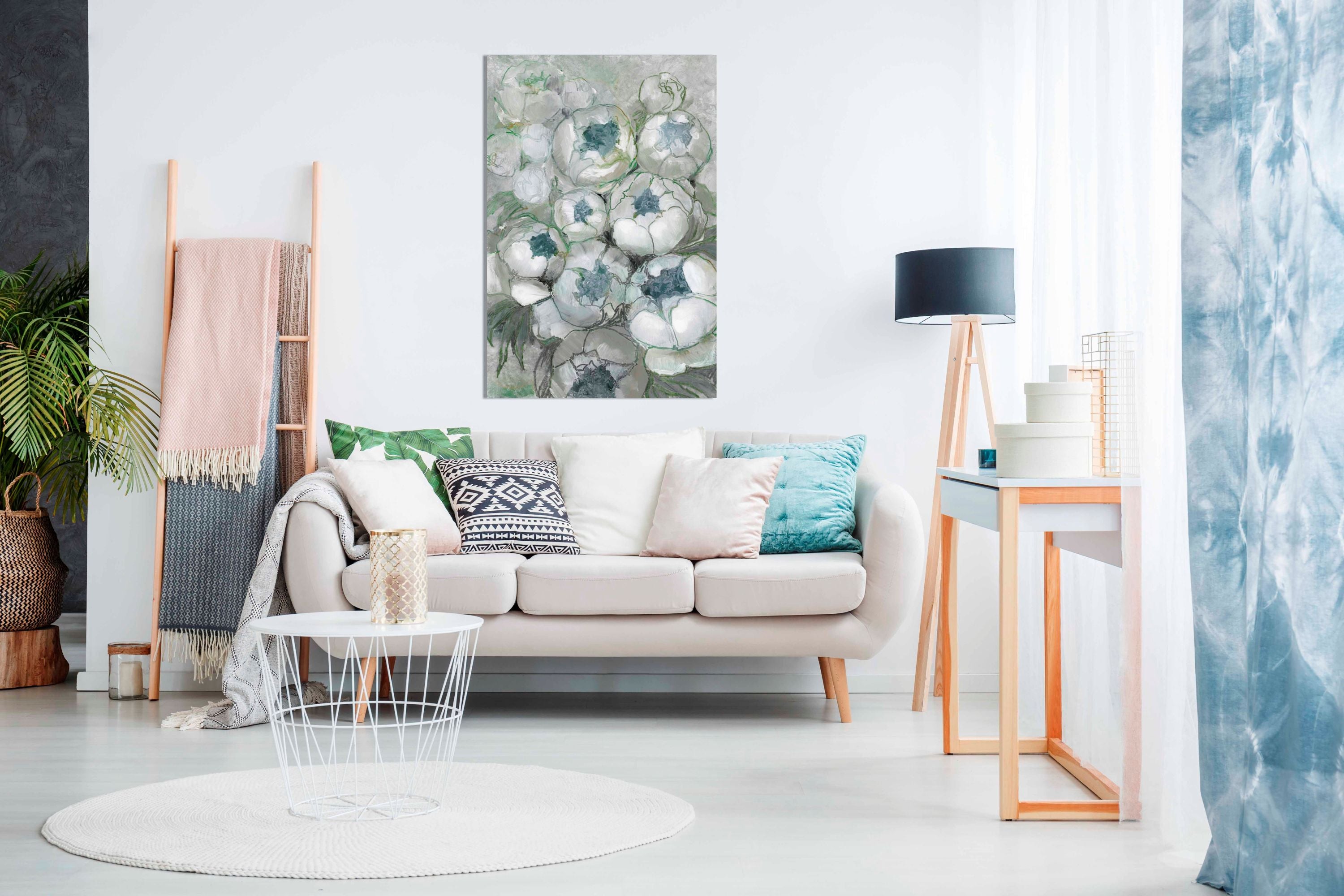 Nuria bouquet of peonies in teal and green, Pictures for Home Walls, Bedroom, Living Room & Bathroom Decor