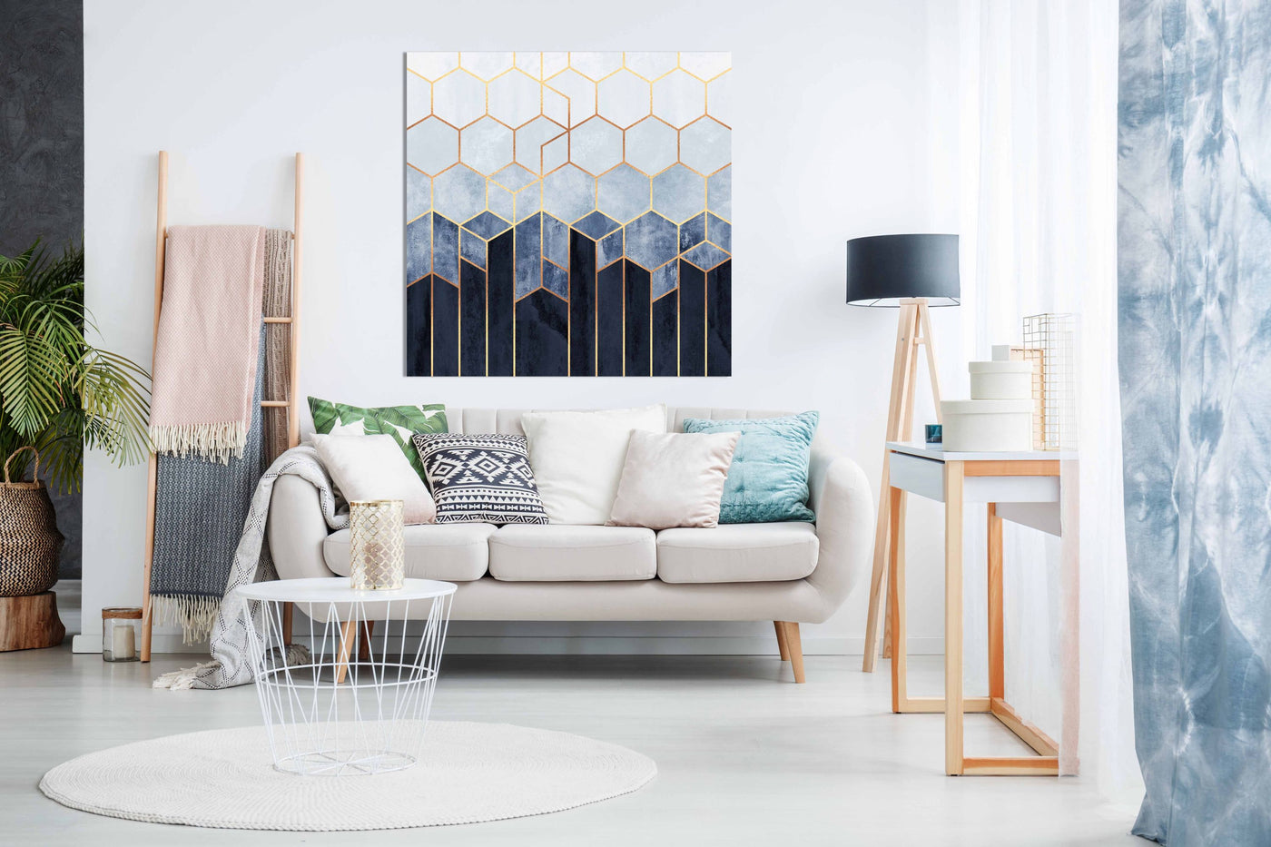 Soft Blue Hexagons, Pictures for Home Walls, Bedroom, Living Room & Bathroom Decor