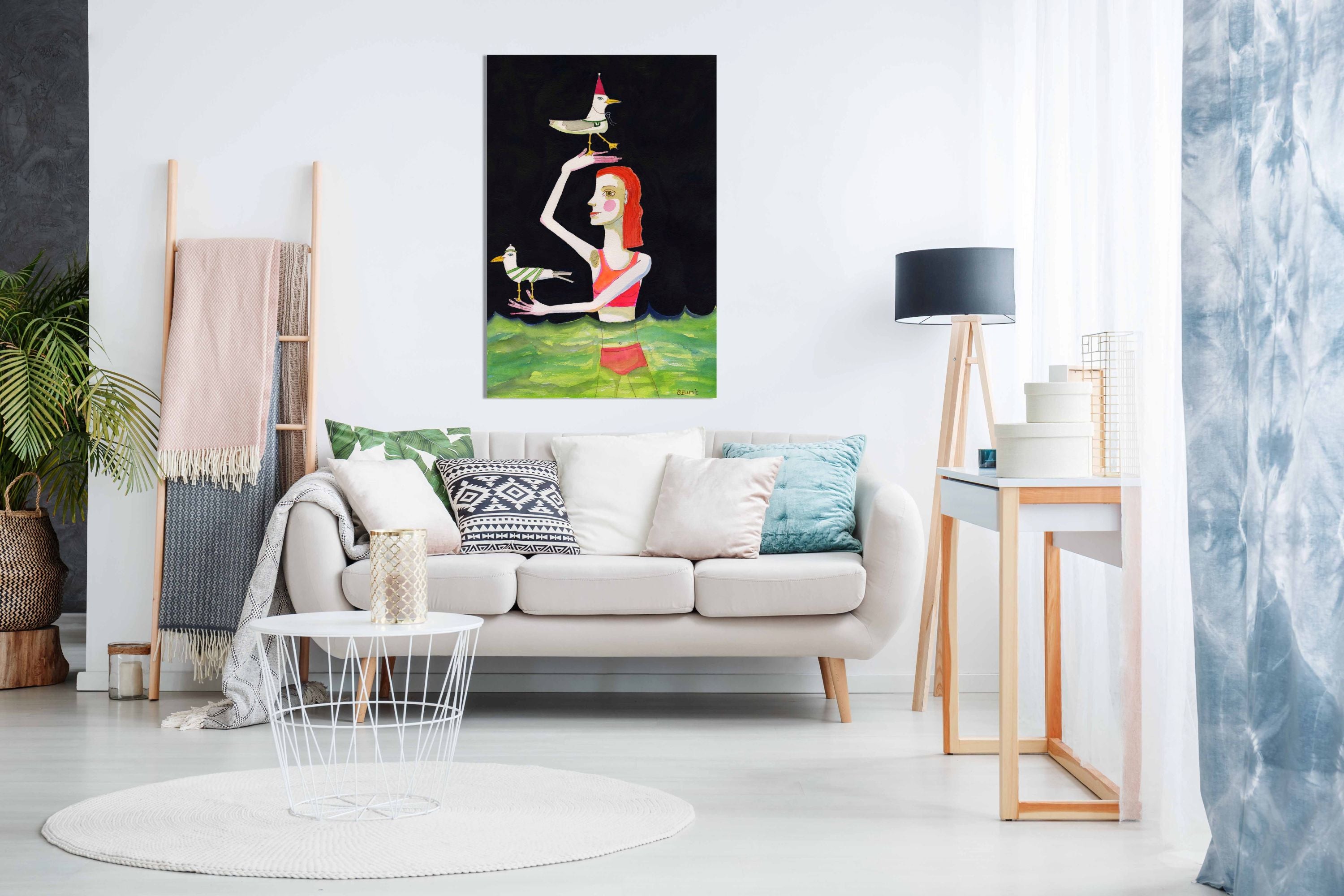 Swimming Lady with birds, Pictures for Home Walls, Bedroom, Living Room & Bathroom Decor