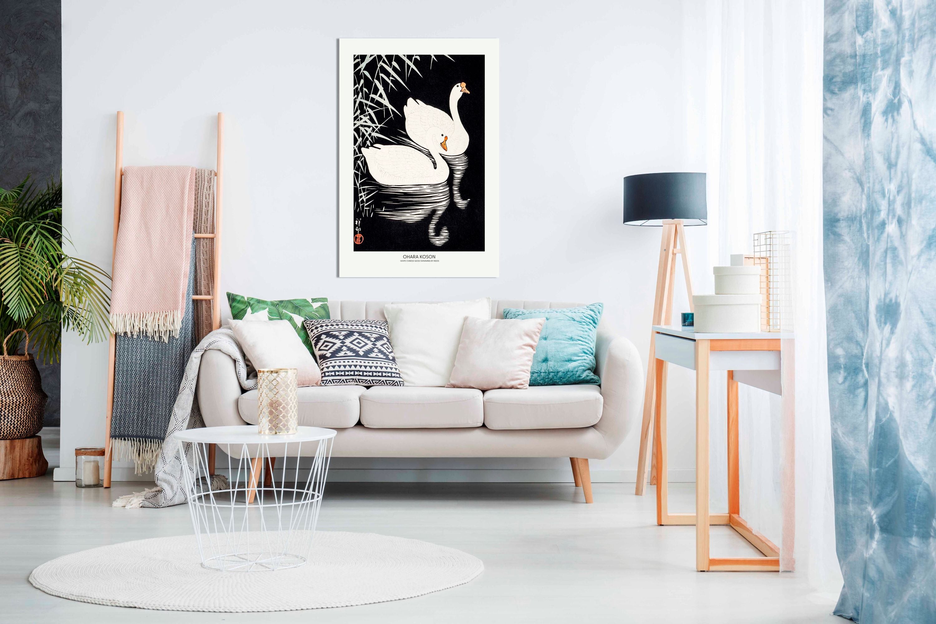 White Chinese Geese Swimming by Reeds, Pictures for Home Walls, Bedroom, Living Room & Bathroom Decor